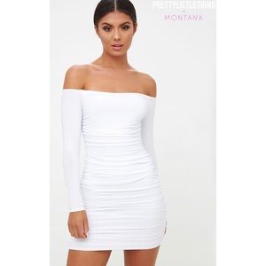PrettyLittleThing Bardot Ruched Bodycon Dress
